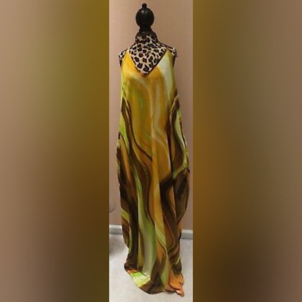 Large Multi Color Brown Orange Yellow Tie Dye Spaghetti Strap Long Maxi Dress